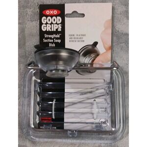 OXO Stronghold Suction Soap Dish Stainless Steel Plastic Shower Caddy Clear